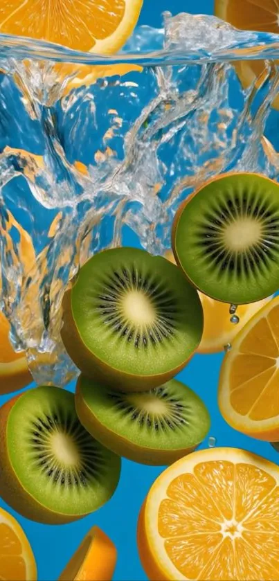 Kiwi and citrus slices splashing in water, vibrant mobile wallpaper.