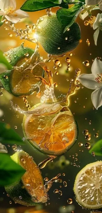 Citrus fruits and blossoms in vibrant splash design.