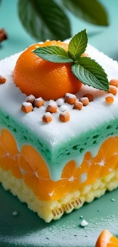 Colorful citrus dessert with orange slices and mint leaves on a pastel green background.