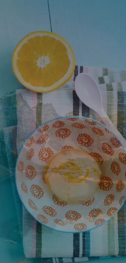 Vibrant citrus dessert bowl on a blue-striped cloth with a lemon slice.