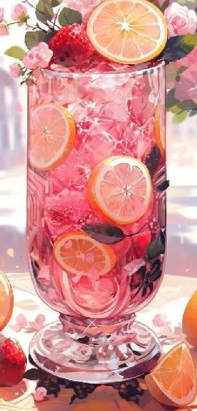 Refreshing citrus drink with lemons and strawberries in vibrant colors.