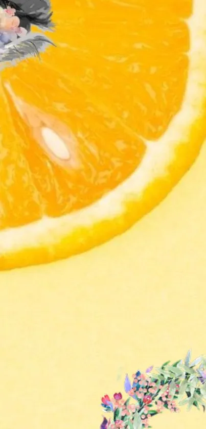 Vibrant citrus slice with eye design on a floral accented wallpaper.