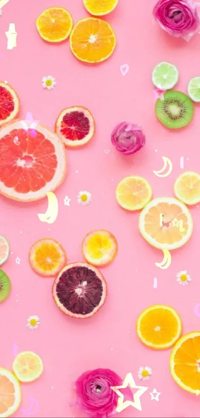 Colorful citrus and flowers on pink wallpaper.