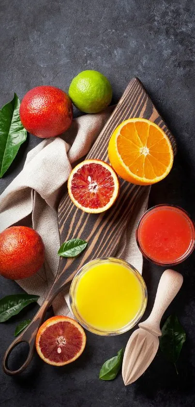 Vibrant citrus fruit display on dark textured background.