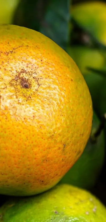 Closeup of vibrant orange fruit with green leaves in background.