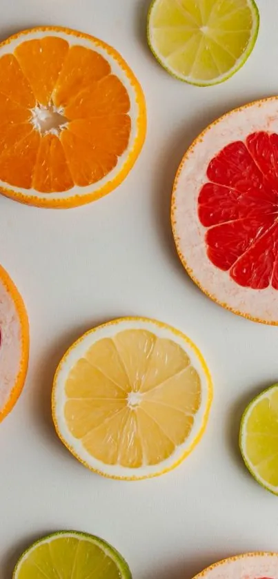 Colorful citrus slices on a white background for mobile wallpaper.