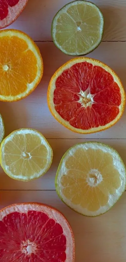 Vibrant citrus fruit slices on wood surface.