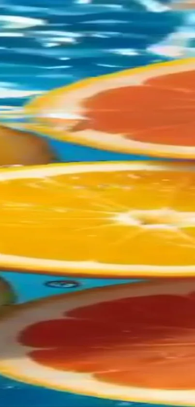 Floating citrus slices on blue water wallpaper.