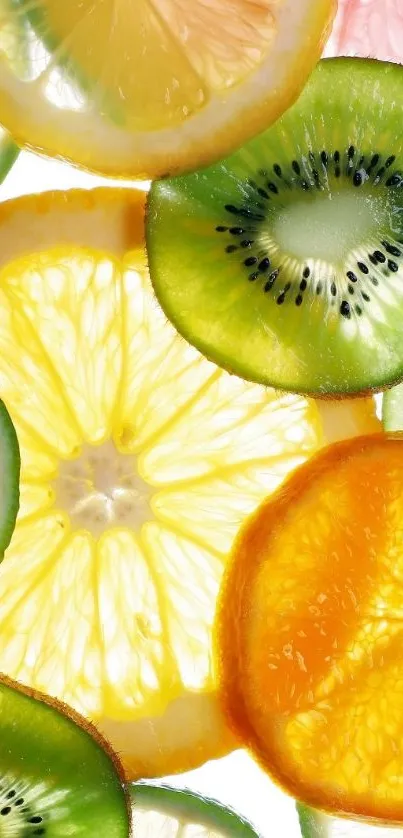 Colorful citrus and kiwi fruit slices wallpaper.