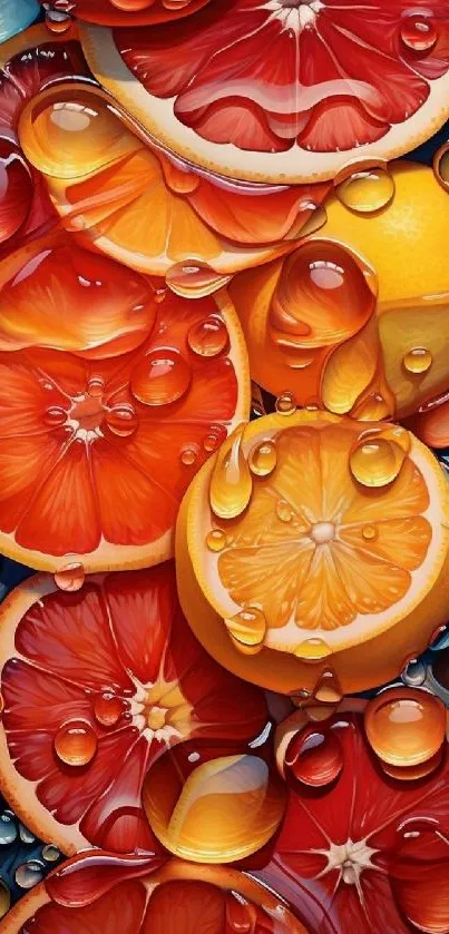 Close-up of vibrant citrus fruit slices with water droplets.