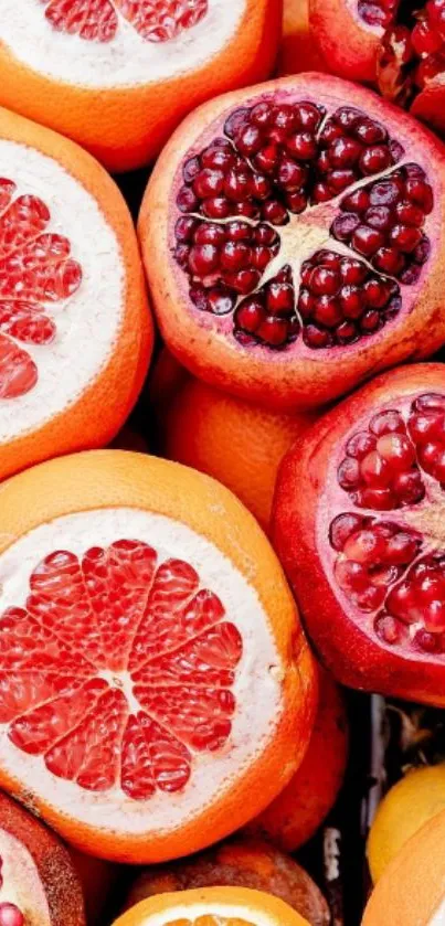 Vibrant citrus and pomegranate fruit wallpaper for mobile.