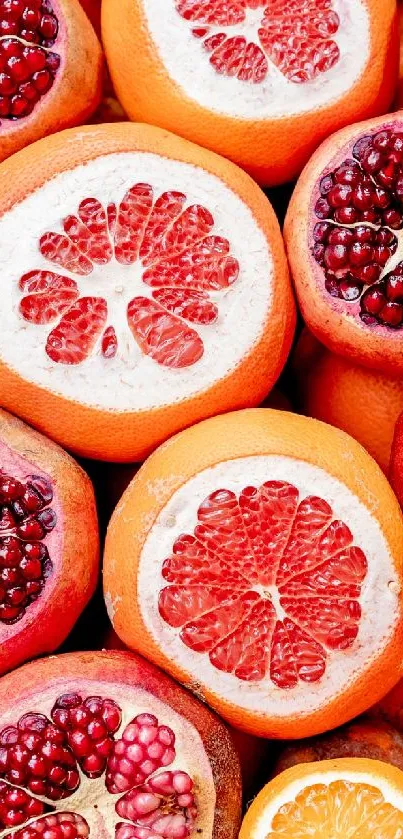 A vibrant wallpaper featuring sliced grapefruits and pomegranates in vivid colors.