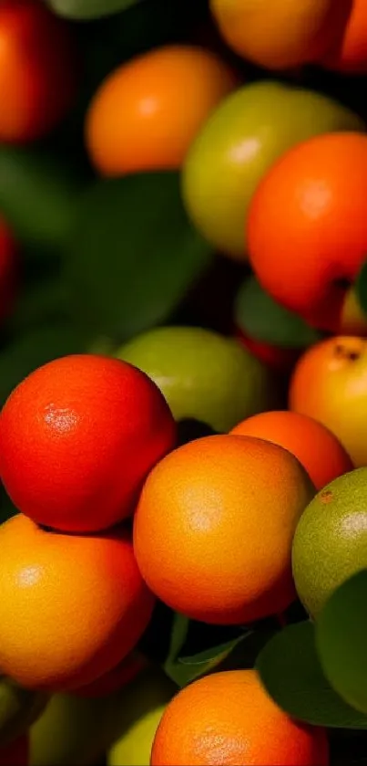 Vibrant citrus fruits clustered with green leaves, showcasing bright orange hues.