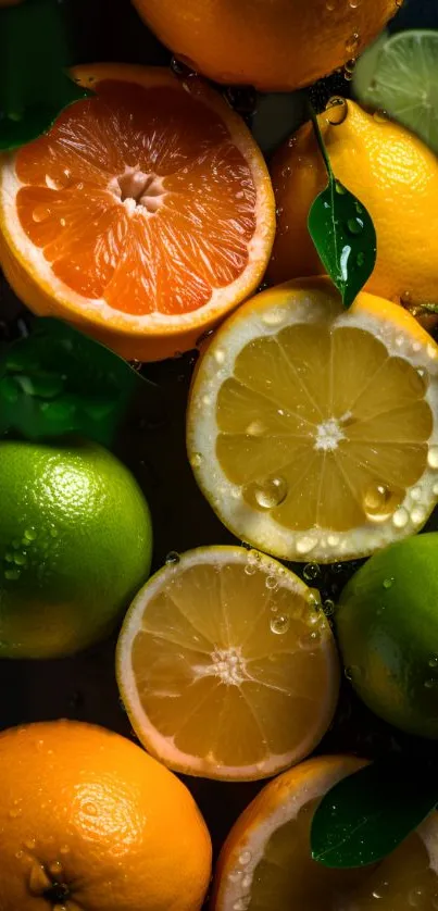 Vibrant citrus fruits and leaves with water droplets, in orange and lime hues.