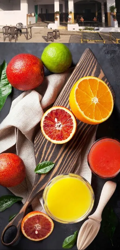 Vibrant citrus fruits on a wooden board with colorful juices.