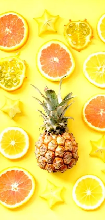 Vibrant arrangement of tropical fruits on a bright yellow background.