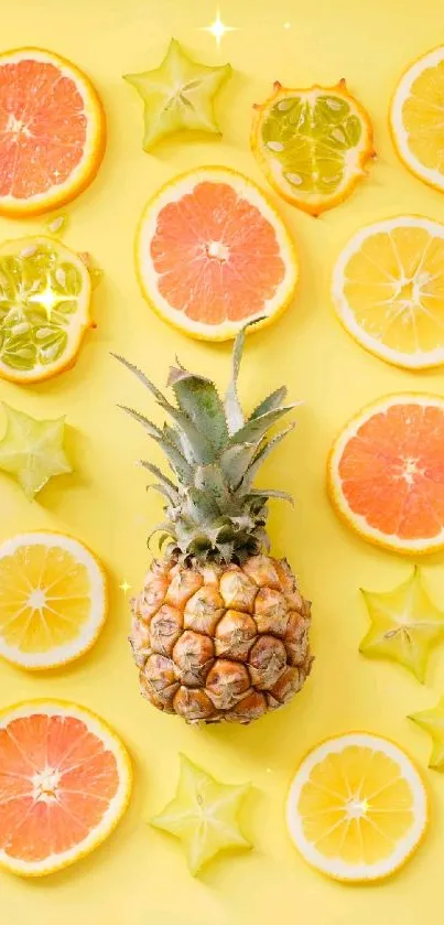 Bright citrus fruit wallpaper with yellow background featuring pineapple.