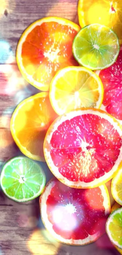 Vibrant citrus fruit slices on a wooden background with light effects.