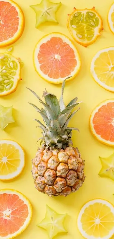 Vibrant citrus and pineapple on yellow background wallpaper.