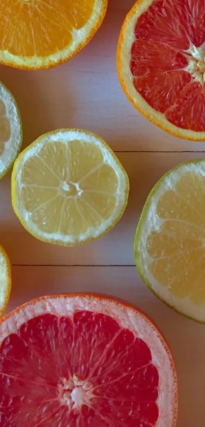 Colorful citrus fruits arranged in a vibrant pattern.