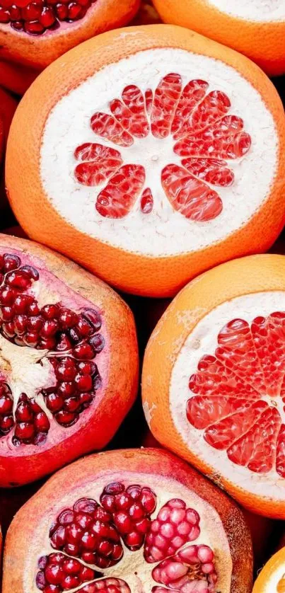 Vibrant grapefruit and pomegranate fruit wallpaper with orange tones.