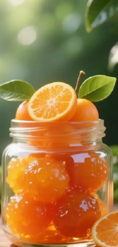 Jar filled with bright, fresh oranges against a lush green background.