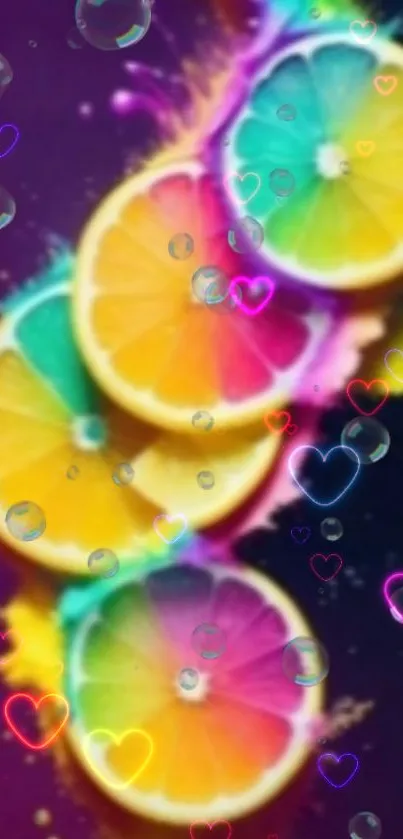 Bright citrus slices with neon hearts and bubbles, creating a vibrant phone wallpaper.