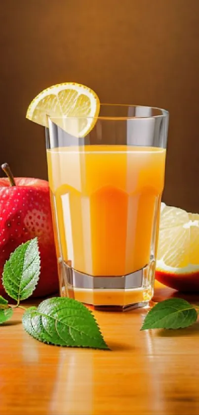 Glass of orange juice with apples and lemon slice on wooden table.