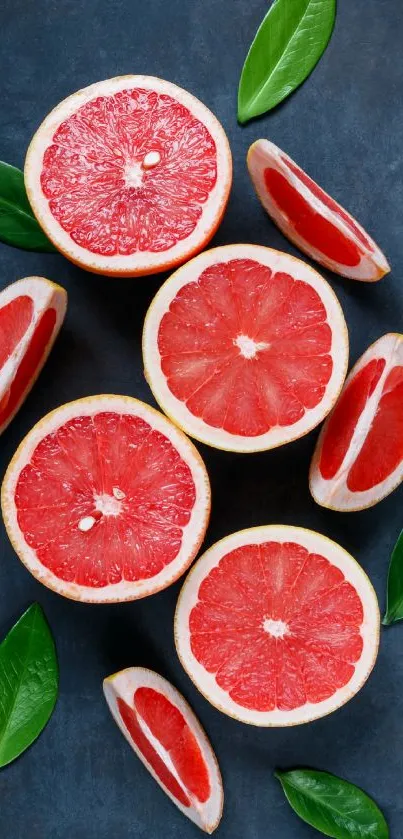 Vibrant citrus mobile wallpaper with grapefruit and leaves on a dark background.