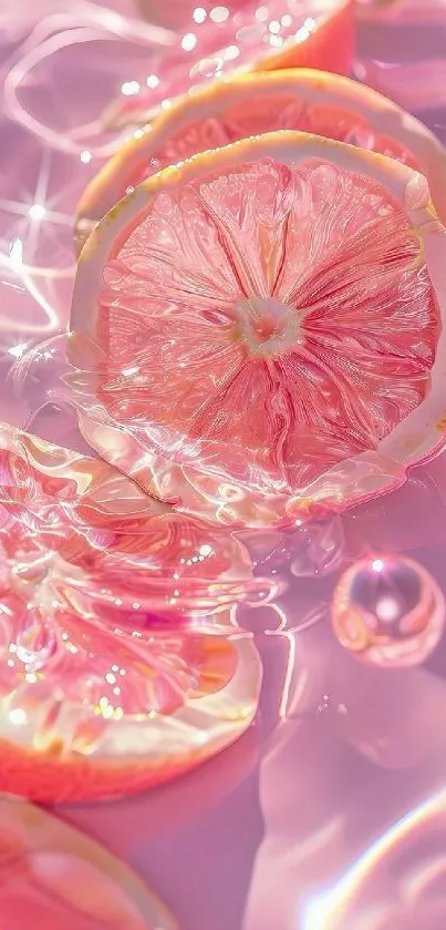 Pink grapefruit slices with light reflections creating vibrant wallpaper.