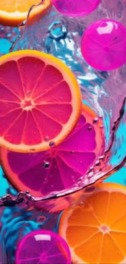 Vibrant citrus fruits with colorful water splash.