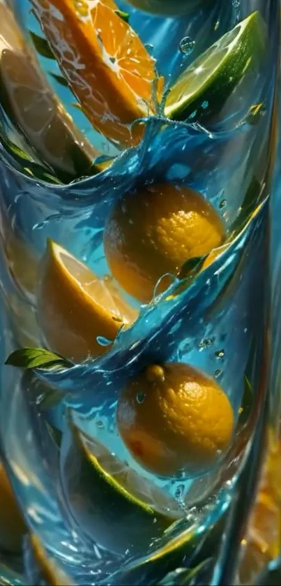 Vibrant citrus fruits splashing in water, creating a dynamic mobile wallpaper.