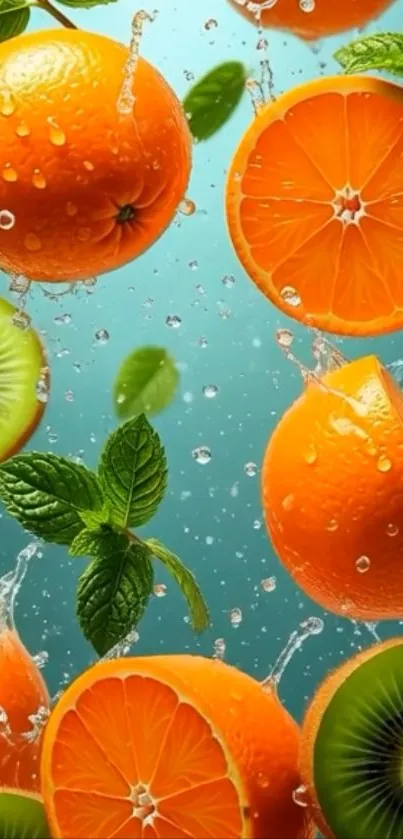 Citrus and kiwi fruit splash wallpaper design.