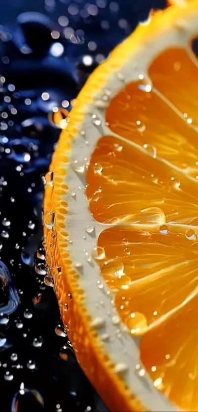 Close-up of an orange slice with water droplets on a dark background.