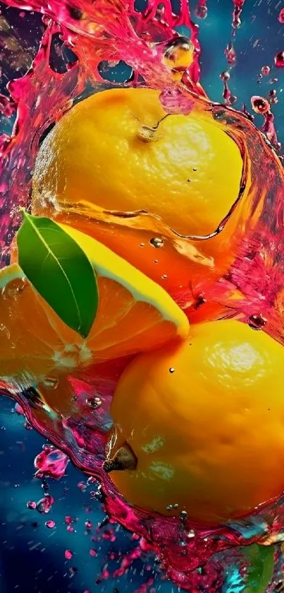 Vibrant citrus splash with lemons and oranges against a colorful background.