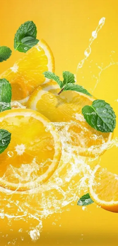 Vibrant citrus splash with oranges and mint on a yellow background.