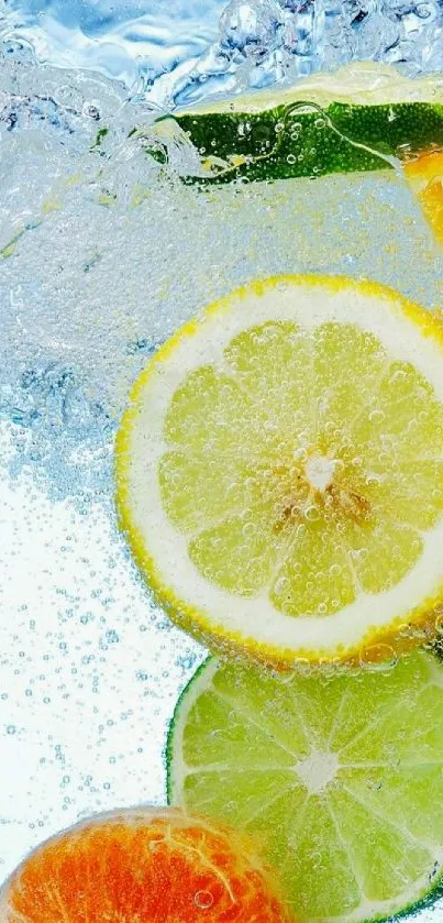 Vibrant citrus splash with lemons and limes in water.