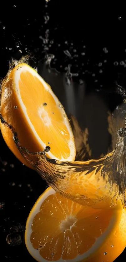 Vibrant splash of orange slices with water on a black background.