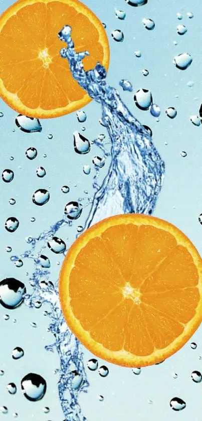 Juicy orange slices with water splash on light blue background.