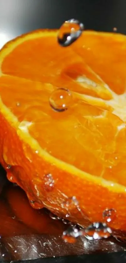 Juicy orange slice splashing in water with vibrant colors.