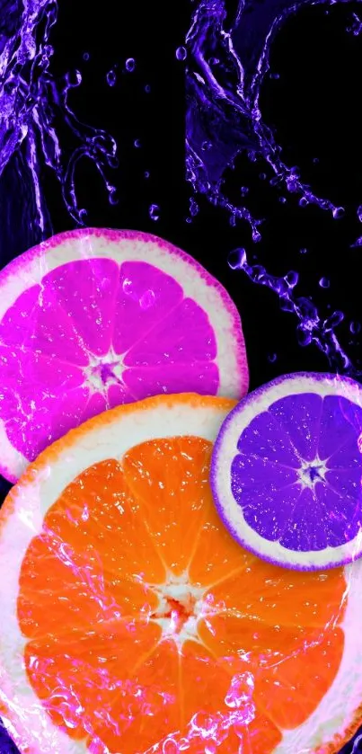 Vibrant purple and orange citrus splash wallpaper.