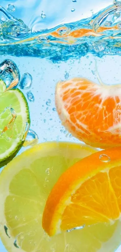 Vibrant citrus slices splashing in water on mobile wallpaper.