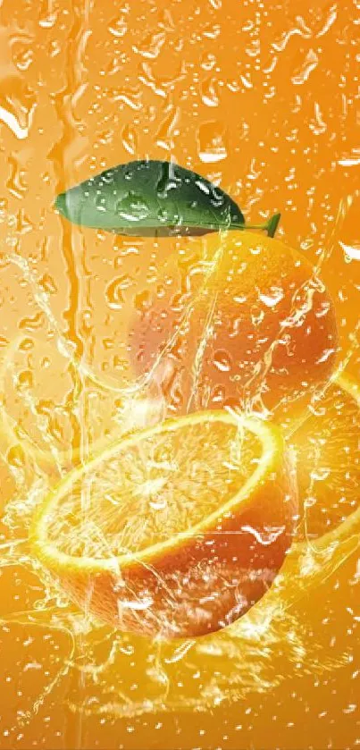 Vivid citrus splash with water droplets on a bright orange background.