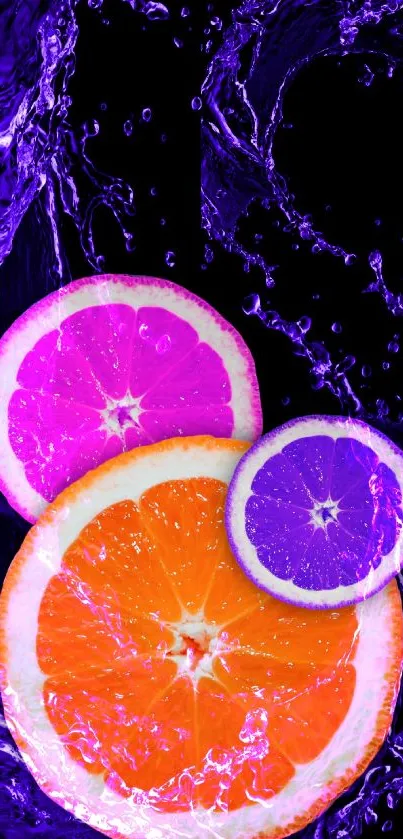 Vibrant citrus slices with splashing water on a purple background.