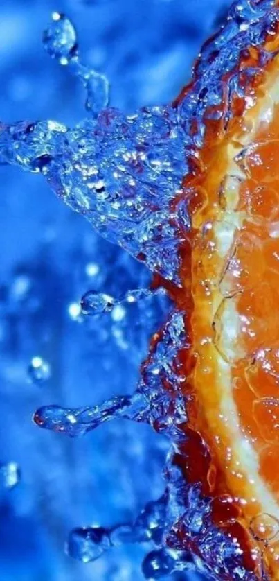 Orange slice with water splash on blue background.