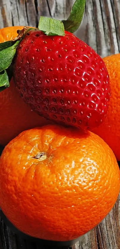 Fresh oranges and a strawberry on rustic wood.