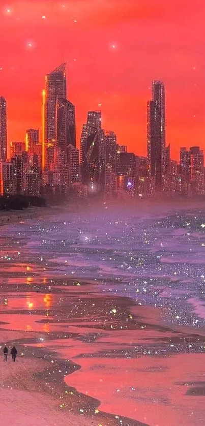 Vibrant sunset view with city skyline and beach in the foreground.