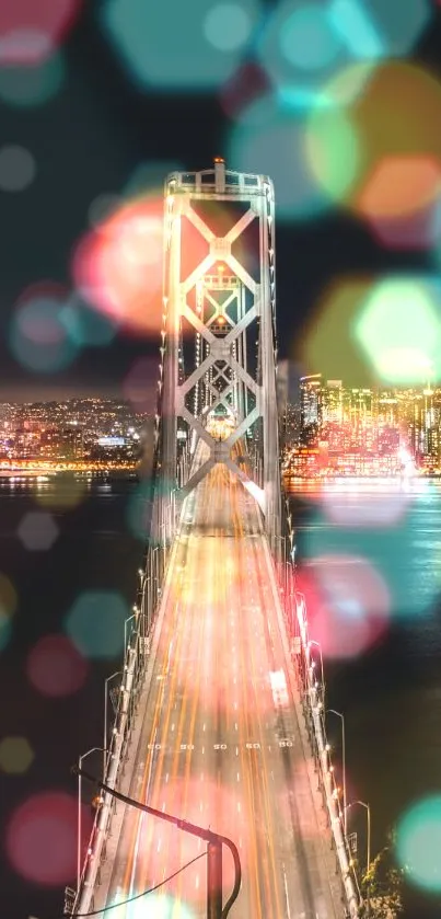 Mobile wallpaper of a bridge with colorful bokeh lights against a city nightscape.