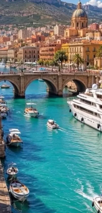 Vibrant city canal with boats and historic buildings.