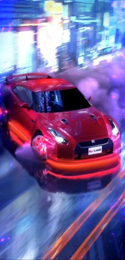 Red sports car drifting in neon-lit cityscape.